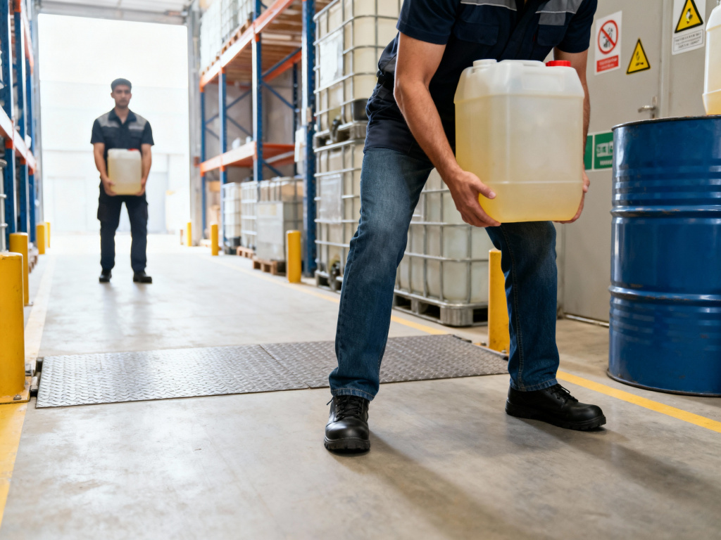 рабочие на производстве переносят пластиковые канистры